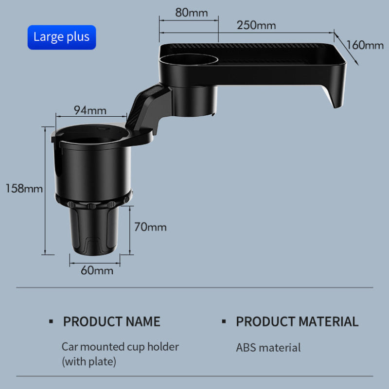 Car-mounted cup holder with dimensions and material details on a blue background