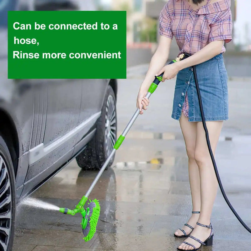 Person using a green car washing brush connected to a hose, with text indicating convenience.