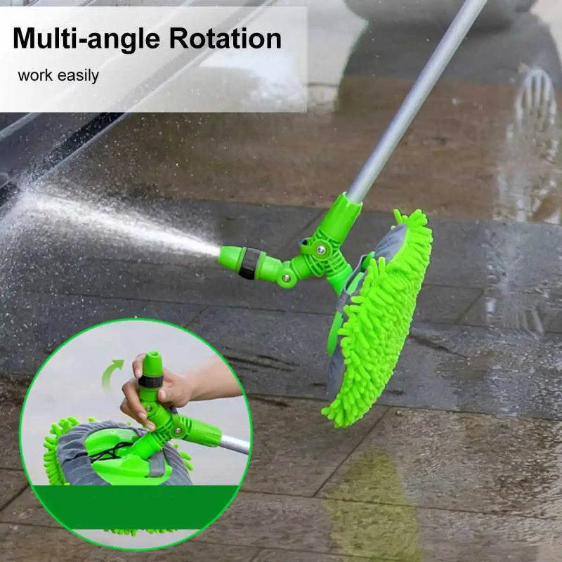 Green cleaning tool with multi-angle rotation feature being used to wash a car.