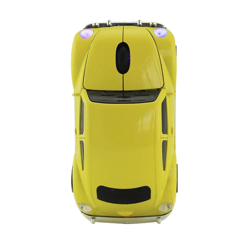 Yellow car-shaped computer mouse on a white background