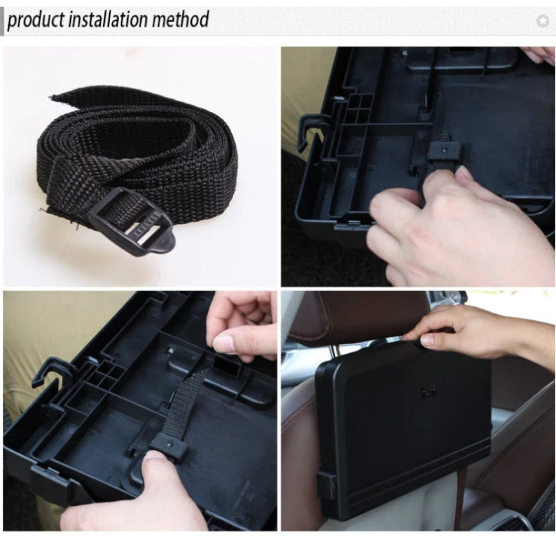 Step-by-step guide on installing a product using a black strap and plastic clip.