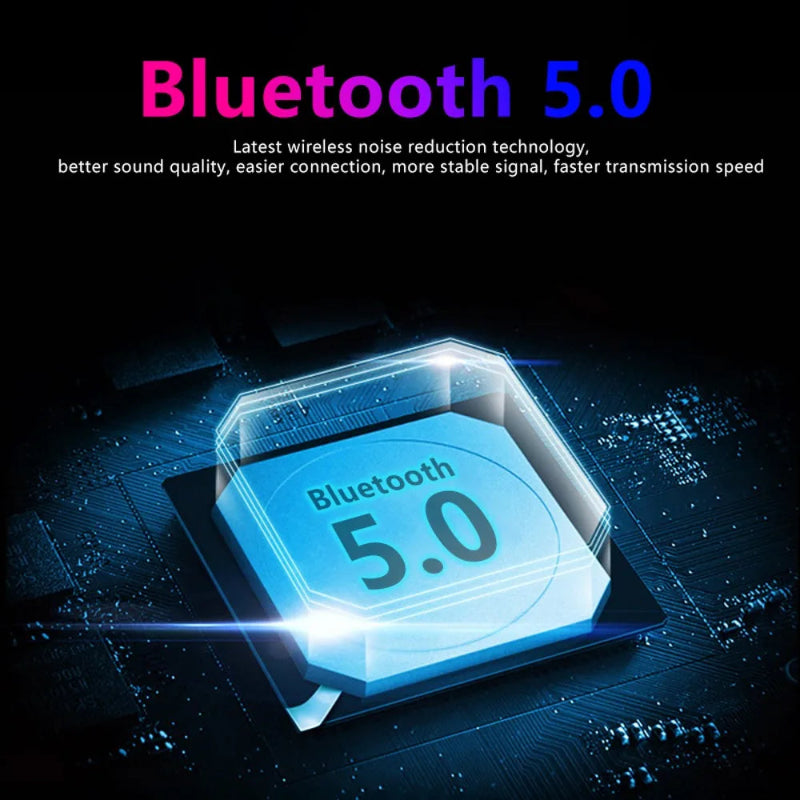 Digital representation of a Bluetooth 5.0 chip with text highlighting features on a dark background