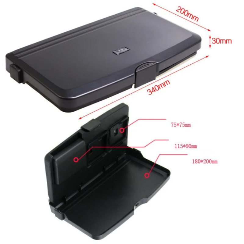 Black rectangular case with measurements on a white background