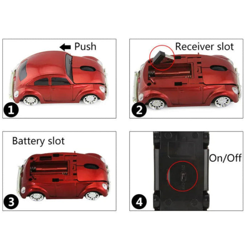 Red toy car with labeled parts on a white background