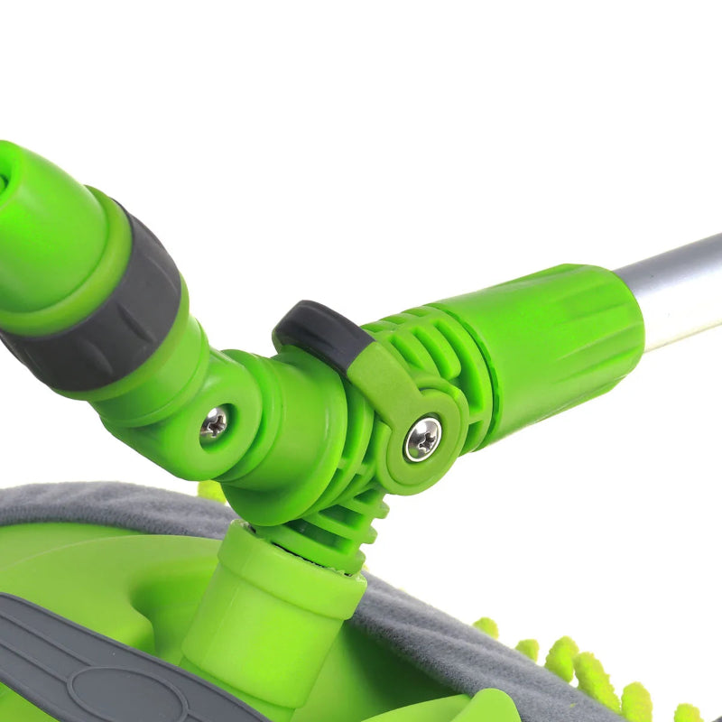 Green garden hose nozzle with multiple spray patterns on a white background