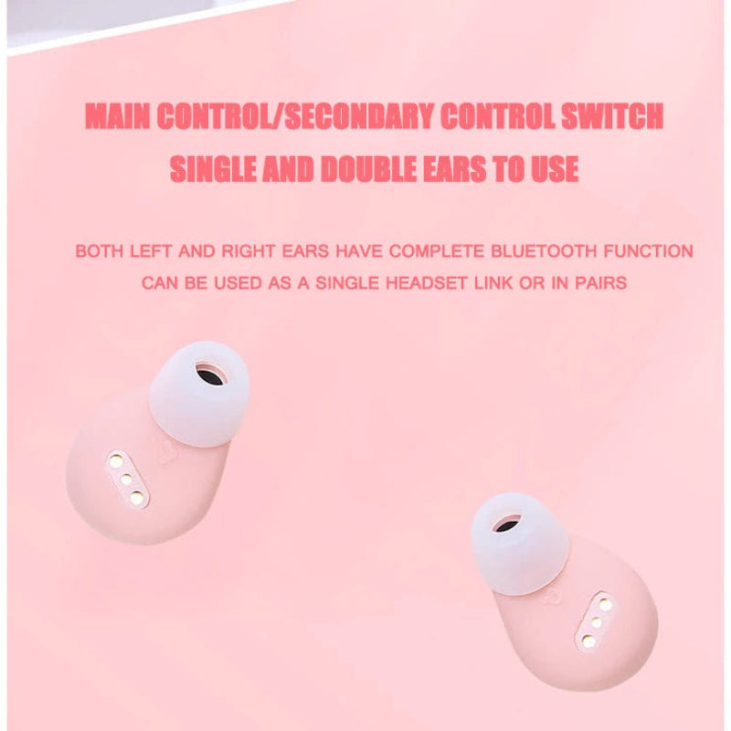 Wireless earbuds on a pink background with text explaining their features.