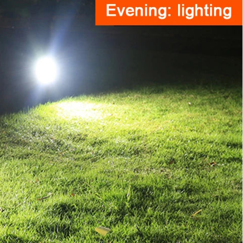 Glowing light source on grass with 'Evening: lighting' text overlay