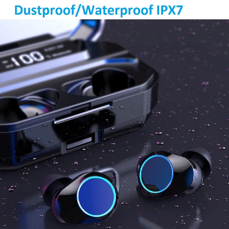 Dustproof and waterproof wireless earbuds with charging case on a dark surface.