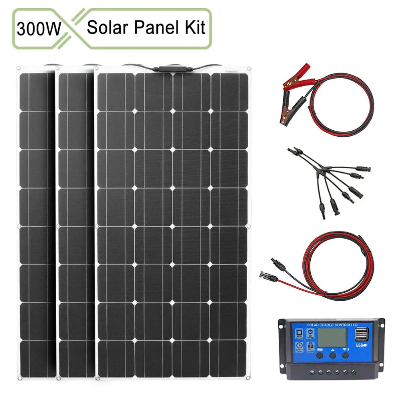 Solar panel kit with two solar panels, cables, and a controller on a white background