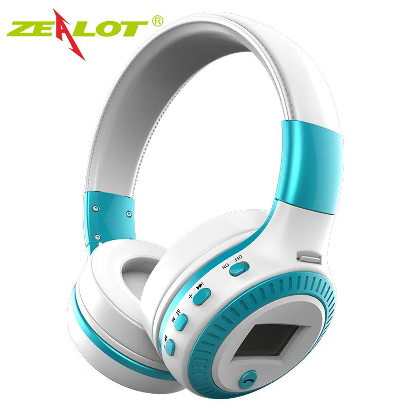 White and blue headphones with digital display on a white background, featuring the Zealot brand.