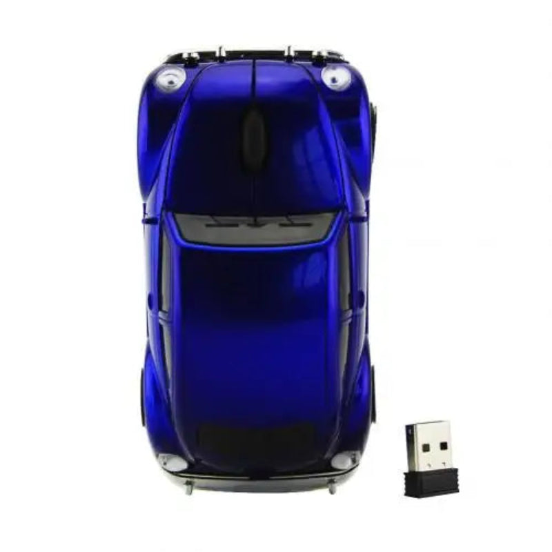 Blue toy car with a USB receiver on a white background