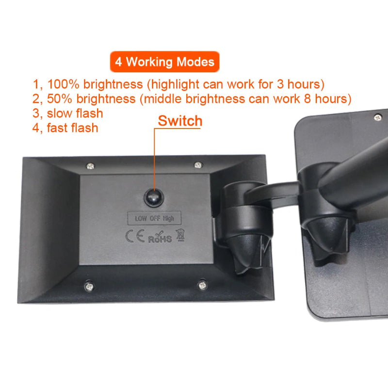 Lighting device with switch and text on working modes and brightness levels.