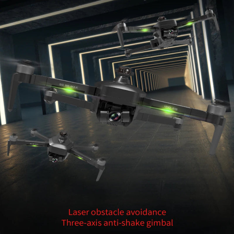 Drones with laser obstacle avoidance and three-axis anti-shake gimbal in a futuristic setting.