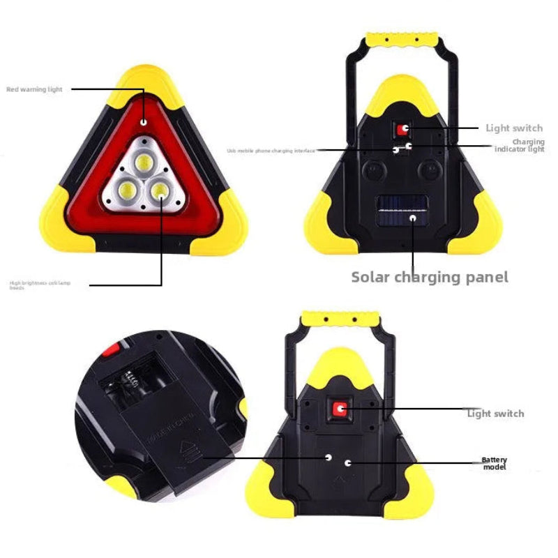Diagram of a solar-powered LED work light with labeled parts on a white background.