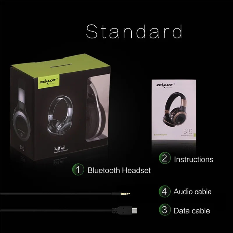 Zalor B19 Bluetooth headset packaging with components listed on a black background