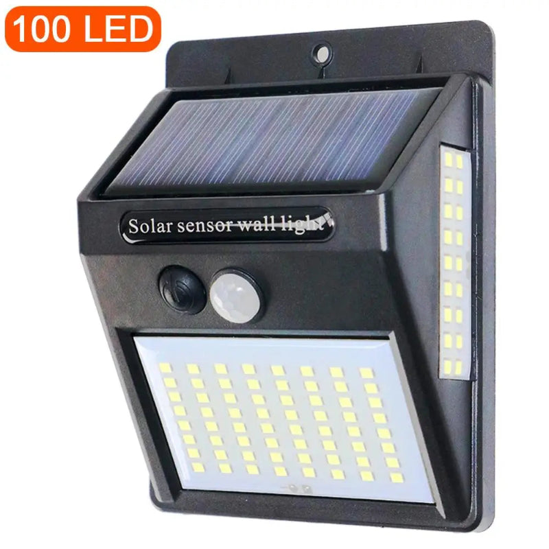 Solar sensor wall light with 100 LED indication on a white background