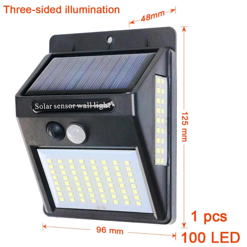 Solar sensor wall light with dimensions and LED count on a white background