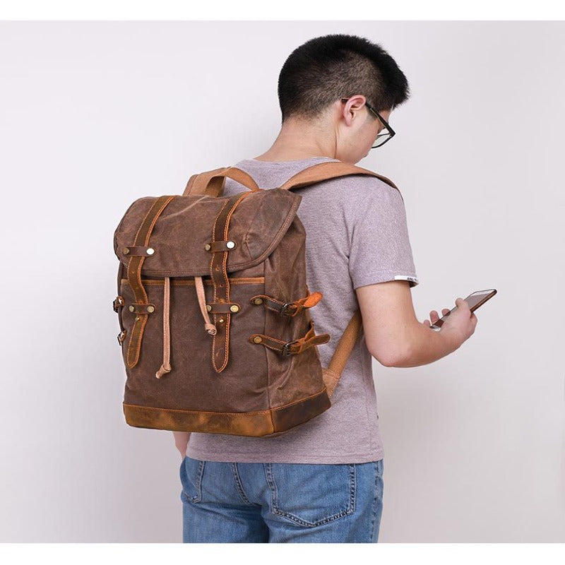 Retro Men Wax Canvas School Travel Backpack Teenager Laptop Backpack with Crazy Horse Leather Belt