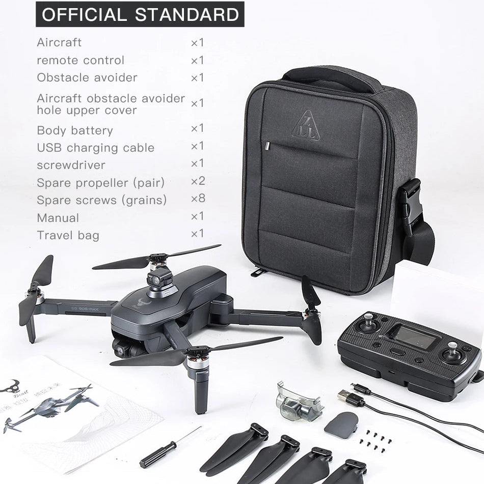 Drone kit with components and travel bag on a white background