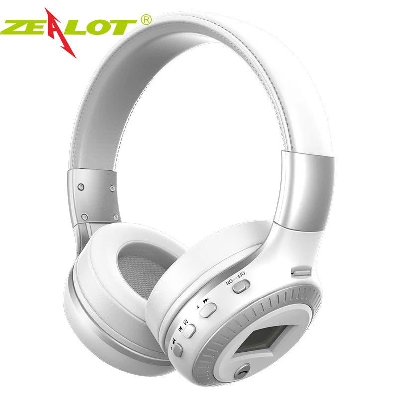 White headphones with silver accents on a white background, featuring the Zealot brand logo.
