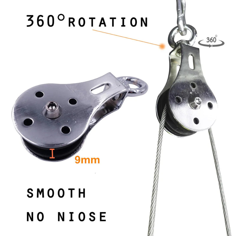 Metal pulley system with 360-degree rotation and smooth operation on a white background.