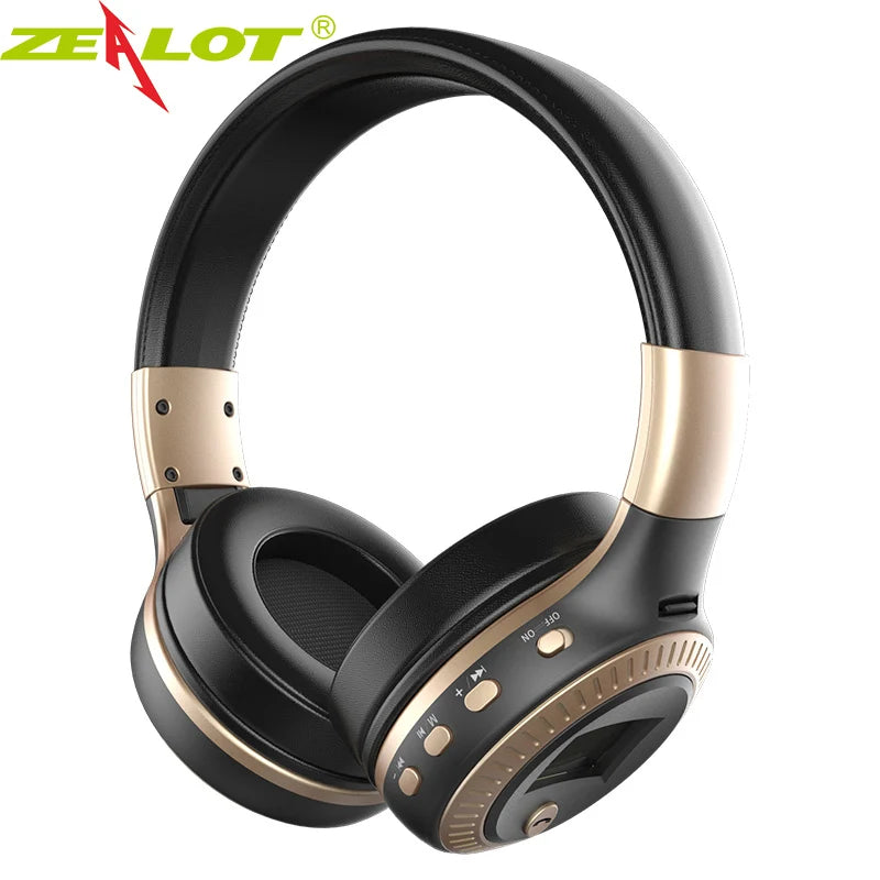 Black and gold headphones with Zealot logo on a white background