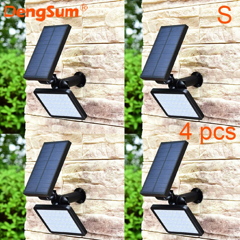 Solar wall lights on a stone wall with 'DengSum' branding.