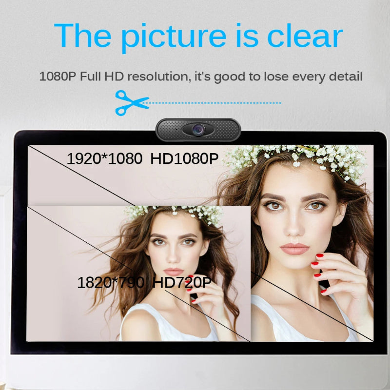 Computer monitor displaying a comparison of 1080P and 720P resolutions with a woman's face.