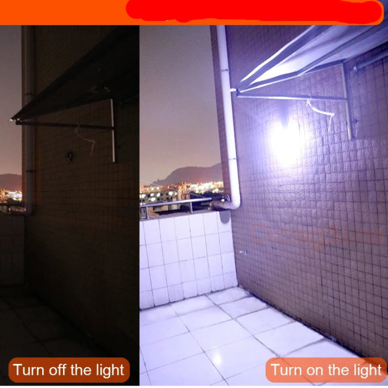 Comparison of a dark room with a light on a tiled wall.