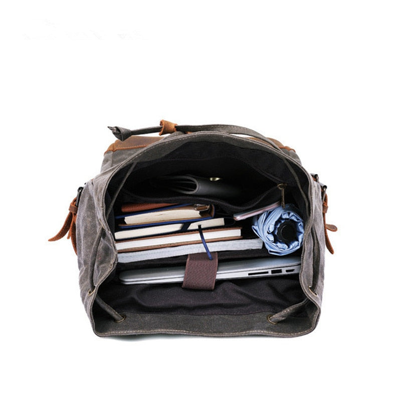 Retro Men Wax Canvas School Travel Backpack Teenager Laptop Backpack with Crazy Horse Leather Belt