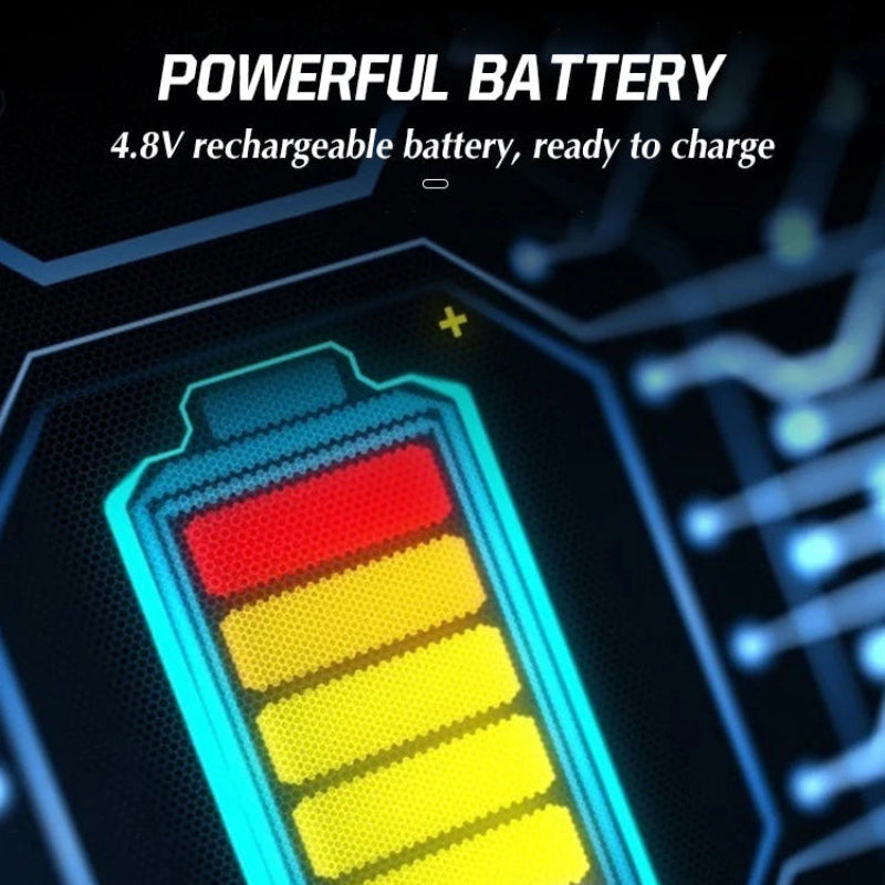 Battery icon with colorful charging bars and text about a 4.8V rechargeable battery on a black background.