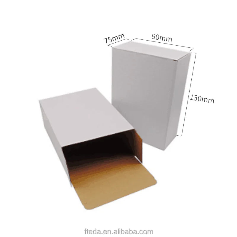 White cardboard box with wooden interior and dimensions on a white background