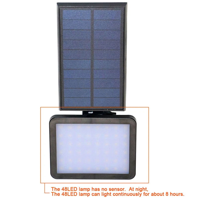 Solar-powered LED light with text on a white background