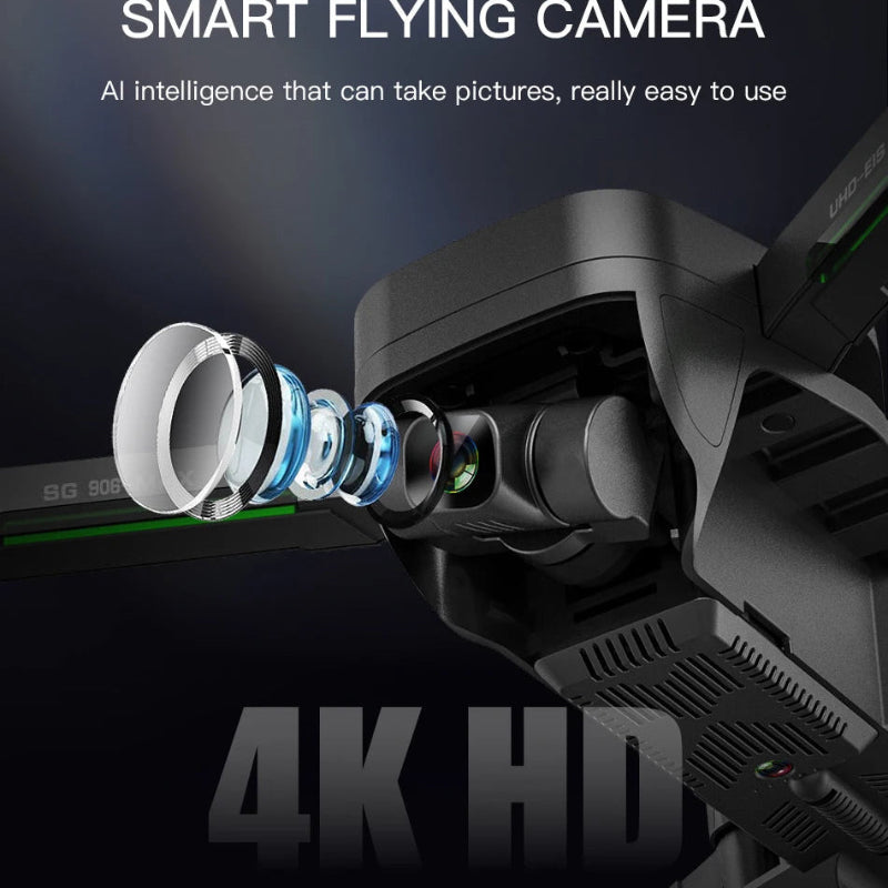 Smart flying camera with 4K HD resolution on a dark background