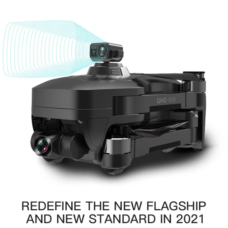 Black drone with camera on a white background, featuring text about 2021.