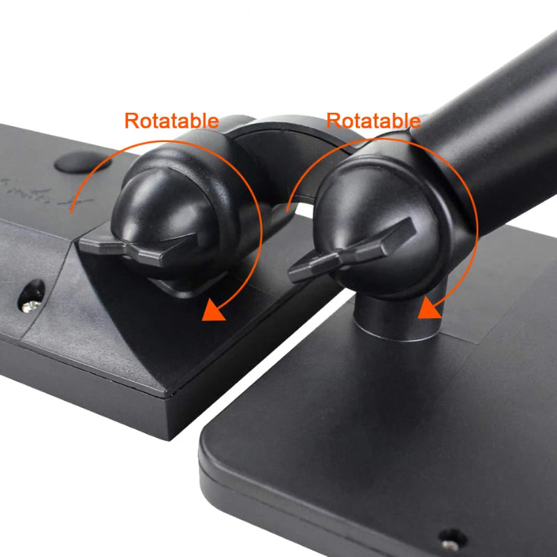 Black adjustable stand with rotatable joints labeled on a white background