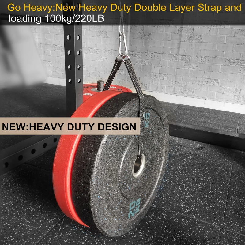 Heavy-duty double layer strap with weight plates on a barbell in a gym setting.