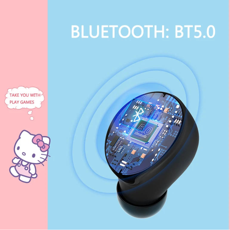 Bluetooth earbud with BT5.0 text on a pink and blue background, featuring a cartoon character.