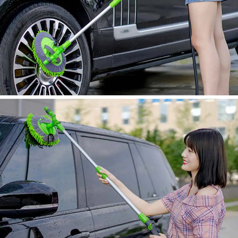 Person cleaning car wheel with a green car cleaning brush and a woman using a long-handled car cleaning tool.