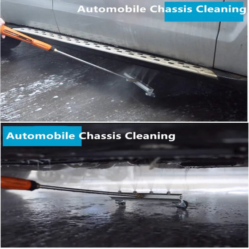Automobile chassis cleaning tool being used on a car's undercarriage.