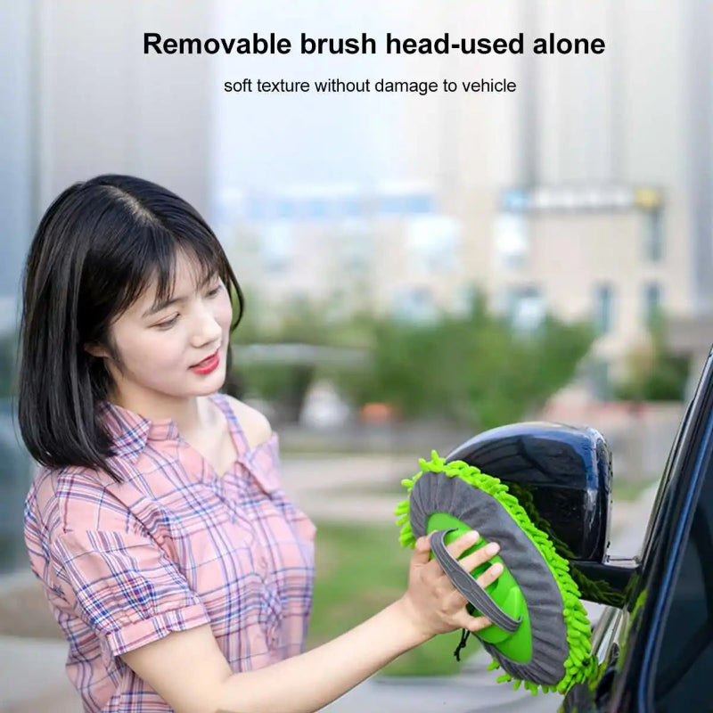 Woman cleaning car mirror with a green microfiber cleaning pad, text 'Removable brush head-used alone' and 'soft texture without damage to vehicle'.