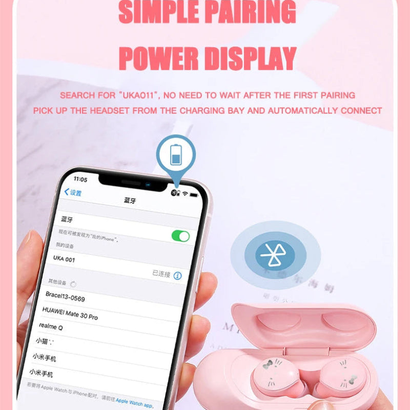 Pink wireless earbuds with charging case and smartphone displaying Bluetooth connection on a pink background