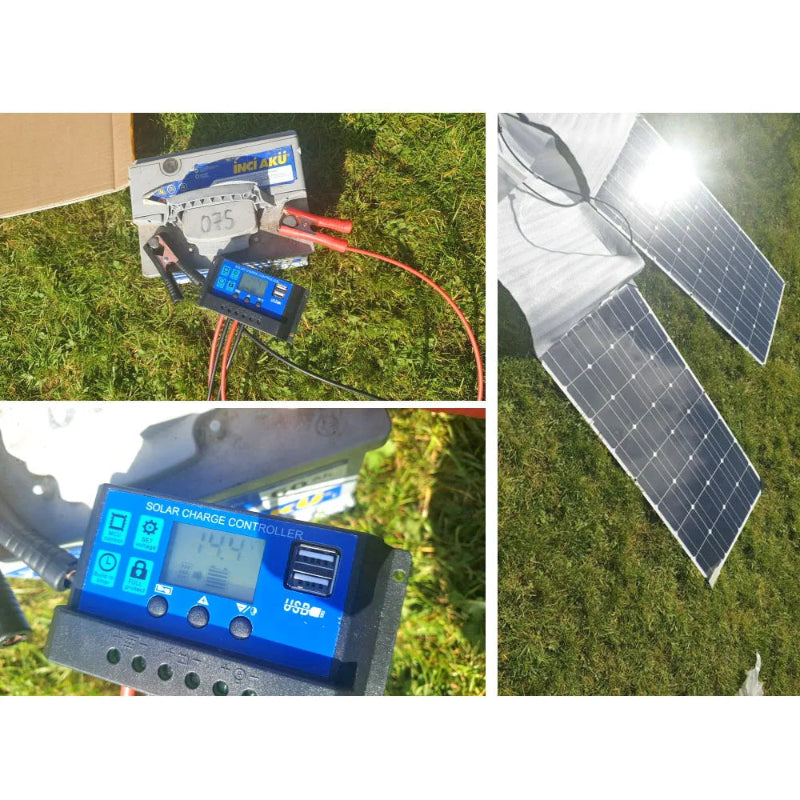 Collage of solar panel and charge controller on grass with 'Buyers show' text at the top.