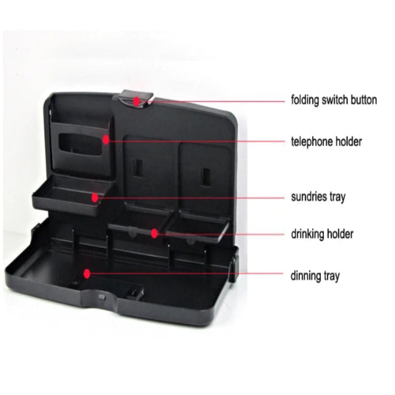 Black car console tray with labeled compartments on a white background