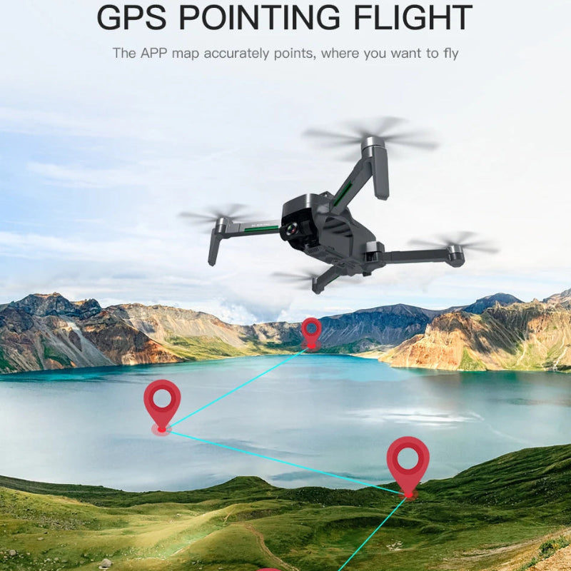 Drone flying over a landscape with mountains and a lake, demonstrating GPS pointing flight.