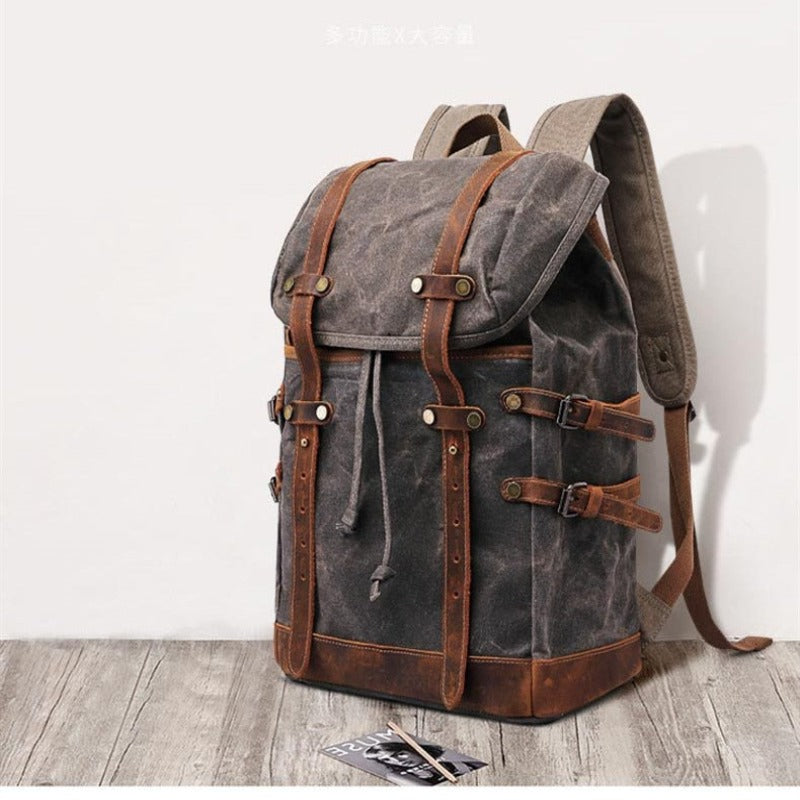 Retro Men Wax Canvas School Travel Backpack Teenager Laptop Backpack with Crazy Horse Leather Belt