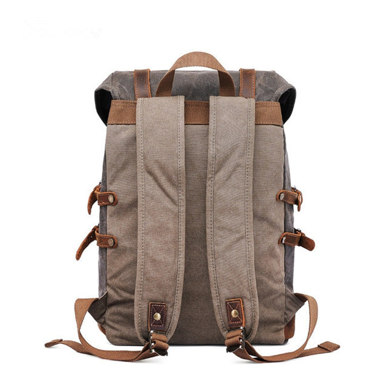 Retro Men Wax Canvas School Travel Backpack Teenager Laptop Backpack with Crazy Horse Leather Belt