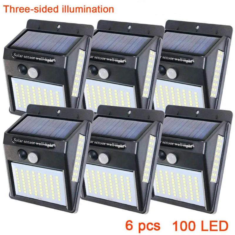 Six solar-powered wall lights with 100 LED lights on a white background.