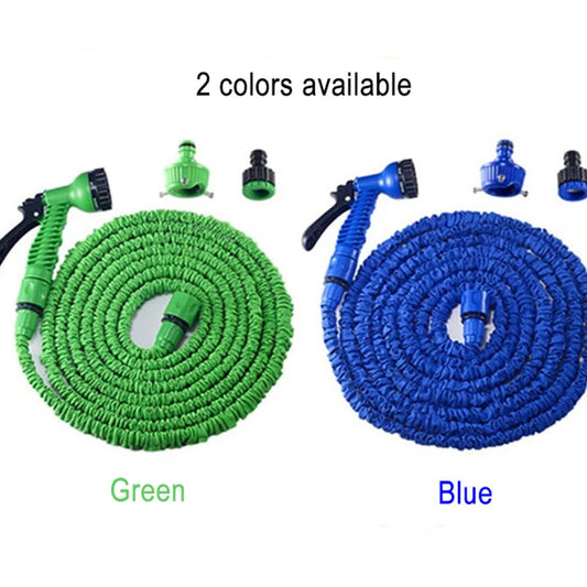 Green and blue expandable garden hoses with nozzles on a white background