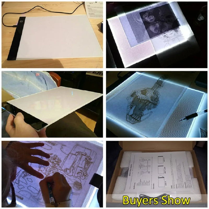 Collage of images showing a light pad in use for drawing and tracing.